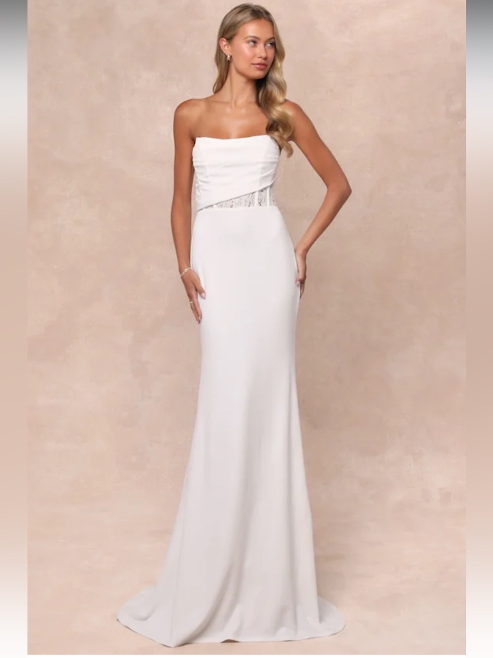 Lulu's Strapless White Evening Gown with Lace Side Cutout